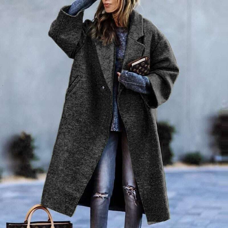 Autumn Winter Long Color Temperament Commuting No Belt Turn-Down Collar Loose Woolen Green Coat For Women B5