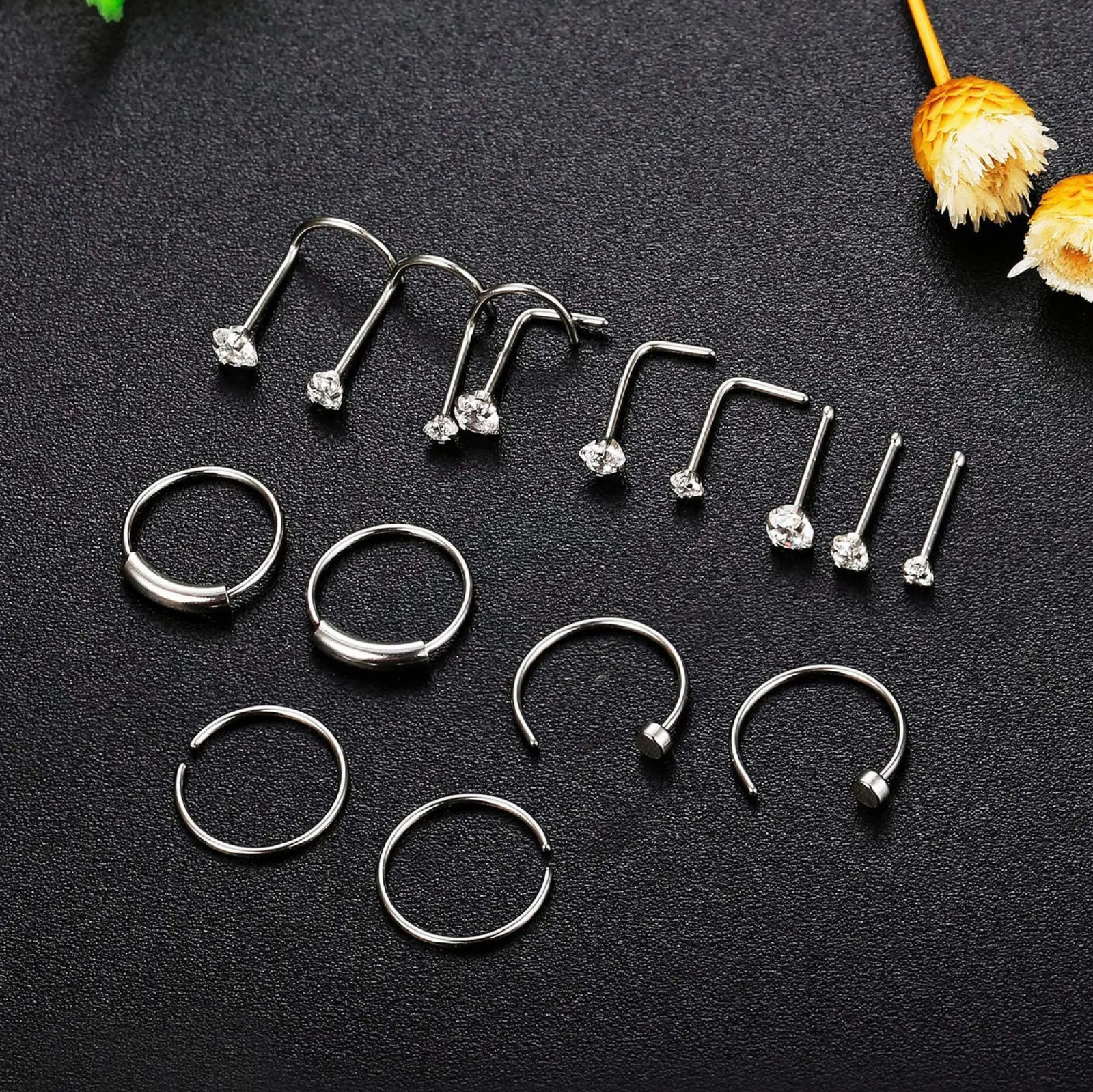 Drperfect 22G Steel Nose Rings Hoop Studs for Women Men Cartilage Earrings Nostril Body Piercing Jewelry CZ 250530