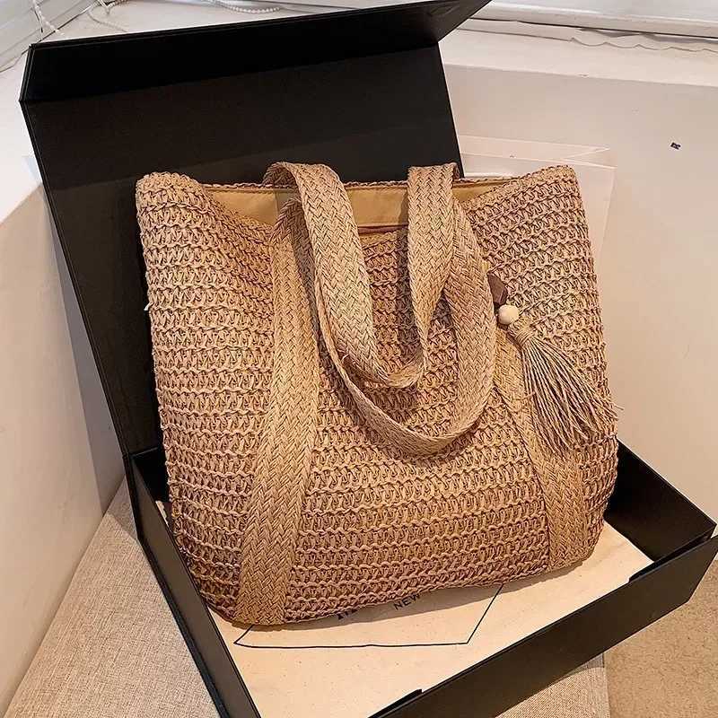 Elegant Ladies Straw Woven Handbag Women Holiday Beach Commute Casual Tote Top-Handle Bags Fashion Retro Shoulder Bags 2024 W250602