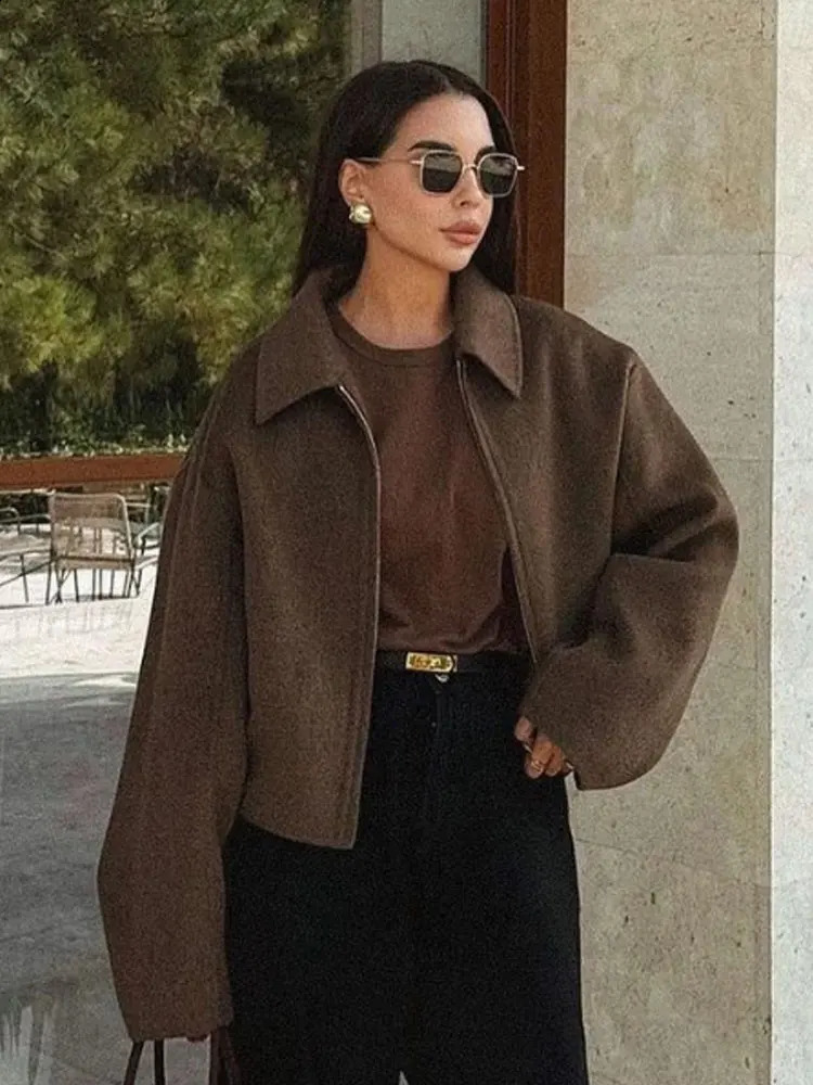 TRAFZA Womens Spring Street Outerwear Solid Color Fashion Long Sleeved Lapel Zipper Pocket Tweed Jacket Causal Coats 250530