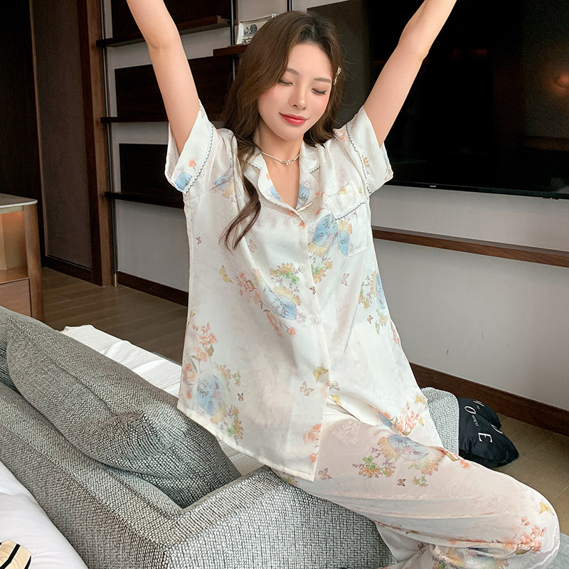 B463-Pajamas women summer ice silk jacquard printed pajamas loose comfortable casual ladies large size national style home clothes suit