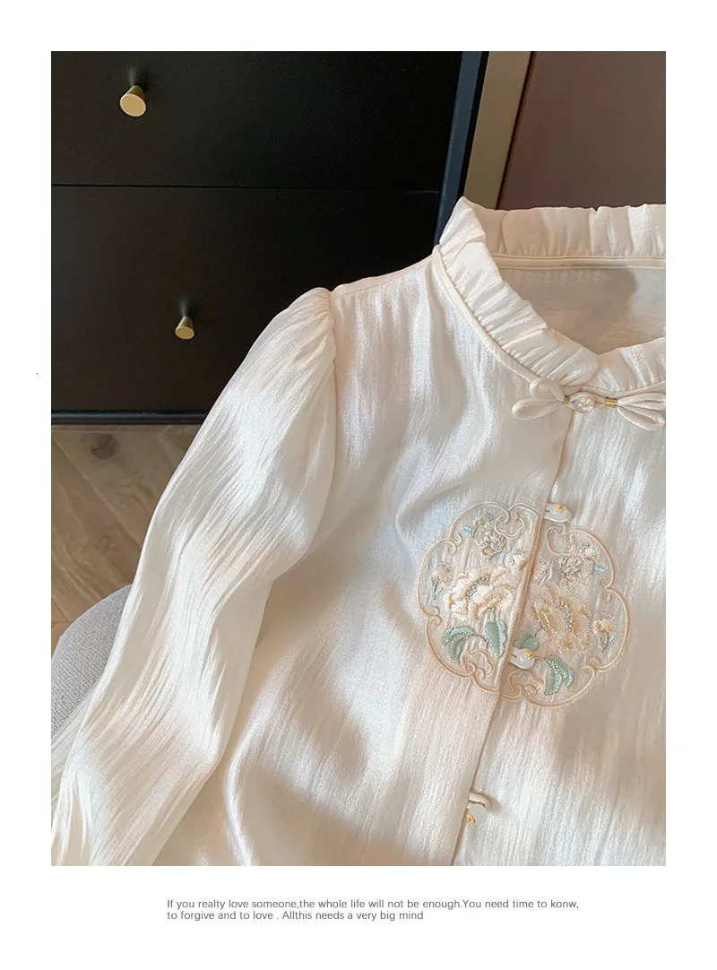 Satin Chinese Style Womens Shirt Embroidery Vintage Blouses Silk Fashion Clothing Loose Long Sleeves Women Tops 250603