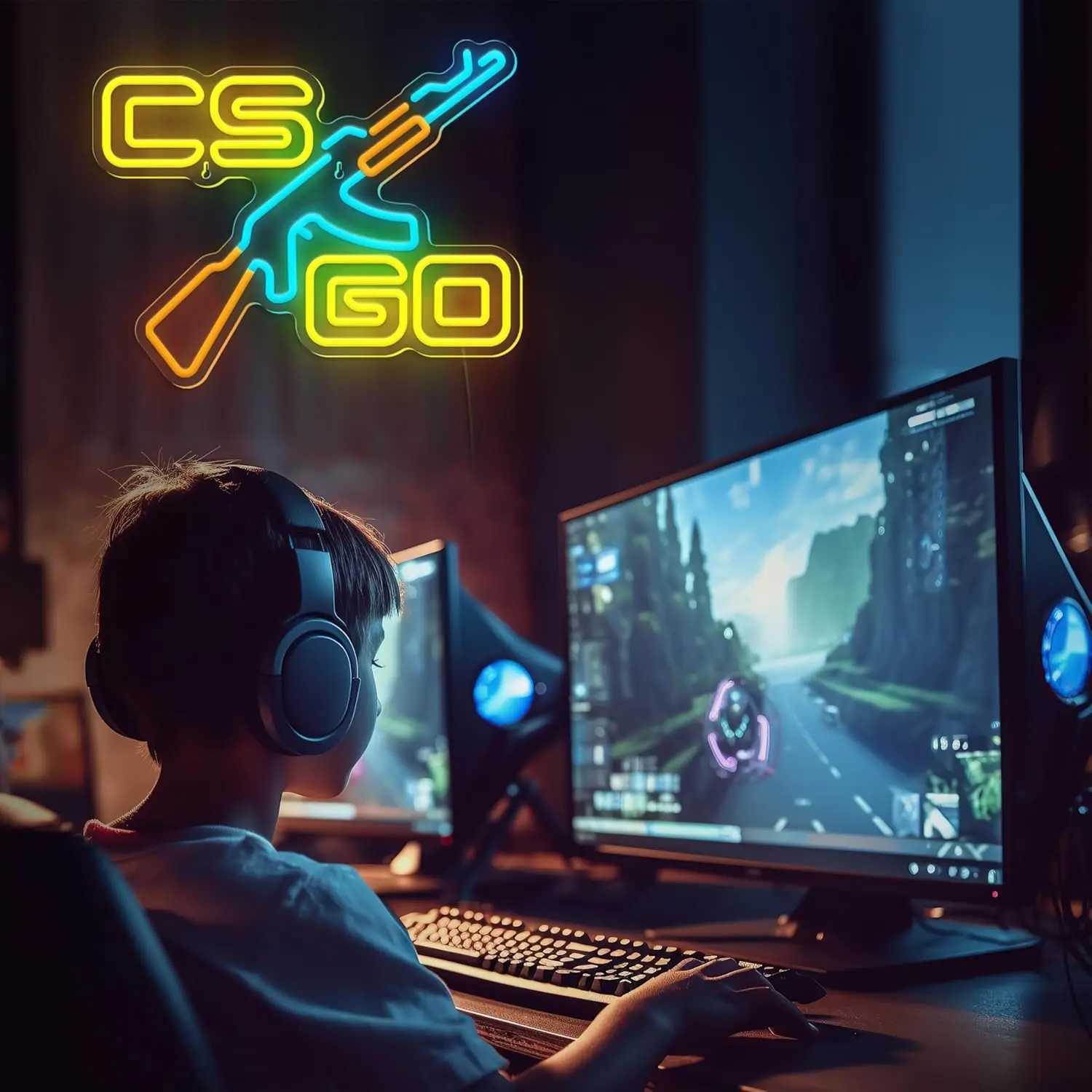 CS Game Gun Neon Sign for Game Room Bedroom Bar Man Cave Wall Decor USB Dimmable Game Neon Lights Birthday Christmas Gifts XJ250602