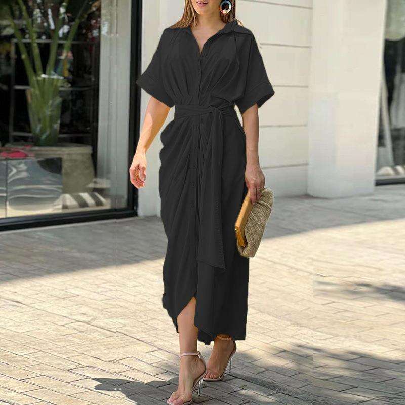 Summer Lace Up Waist Cinching Short Sleeved Single Breasted Solid Color Shirt European and American Dress Women's 2025 New Casual Fashion Trend C