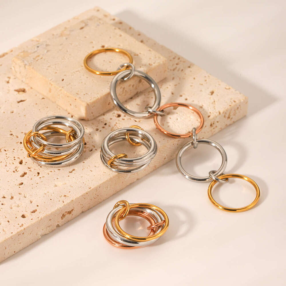 Stackable Stainless High-End Color-Block Connected Rings for Women Non-Fading Titanium Steel Jewelry