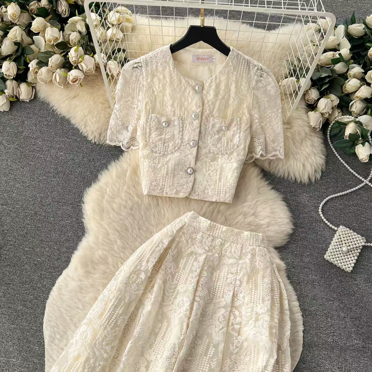 Two Piece Dress Summer Korean Small Fragrance Style Lace Set Two Piece Suit Lace Hook Flower Short Sleeve Shirt Tops Midi Skirt Women's Outfits