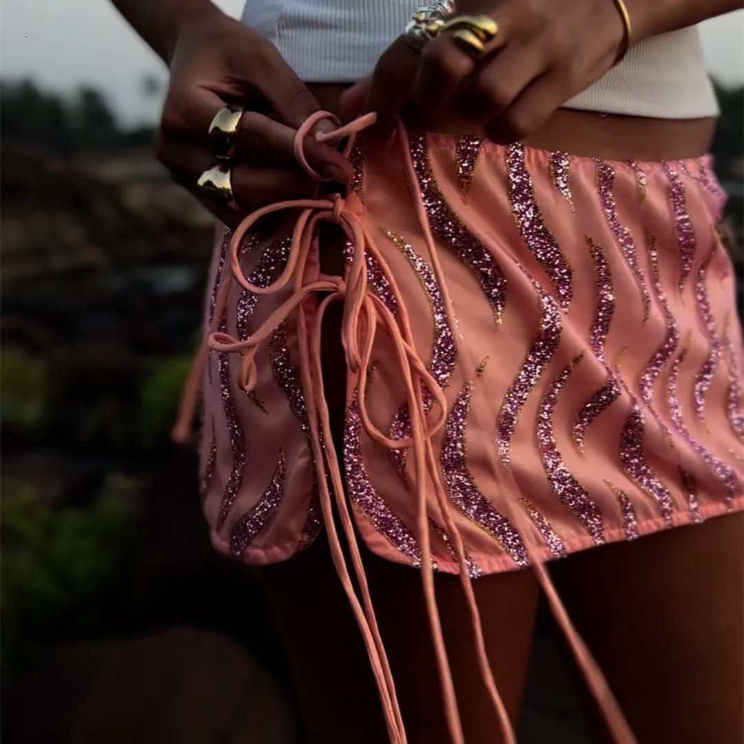 Gaono Womens Tie Side Mini Skirts Fashion Low Waist Sequin Graphic Slim Fit Skirts Short Club Skirts Y2K Party Clubwear 250603