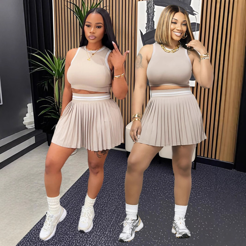 Womens Two Pieces Dress Set 2025 New Fashion Sleeveless Short Vest Casual Pleated Skirt Set 6 Colors