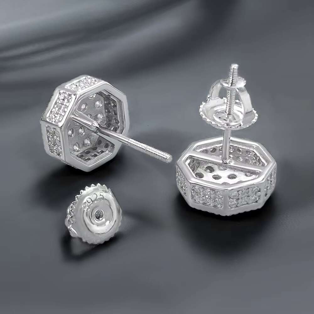 Custom Iced 10mm Mens Ear Stud Octagon Setting Passed Tester D Color Moissanite Diamond Screwback Stud Earrings in S925 Silver