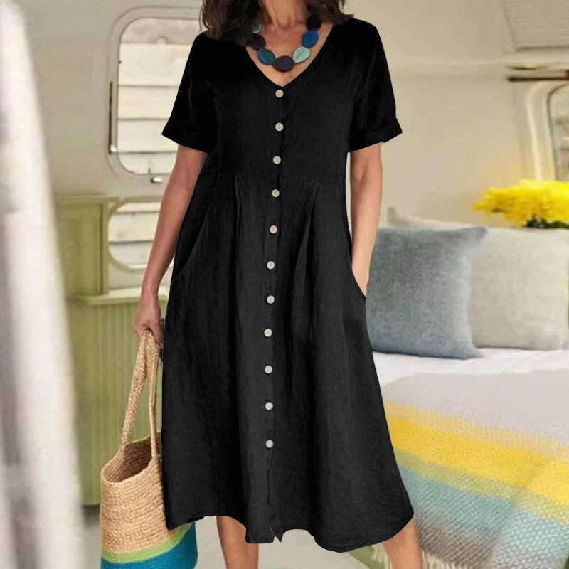 Spring/Summer New Solid Color Loose High-Waisted Cotton Linen Dress B5