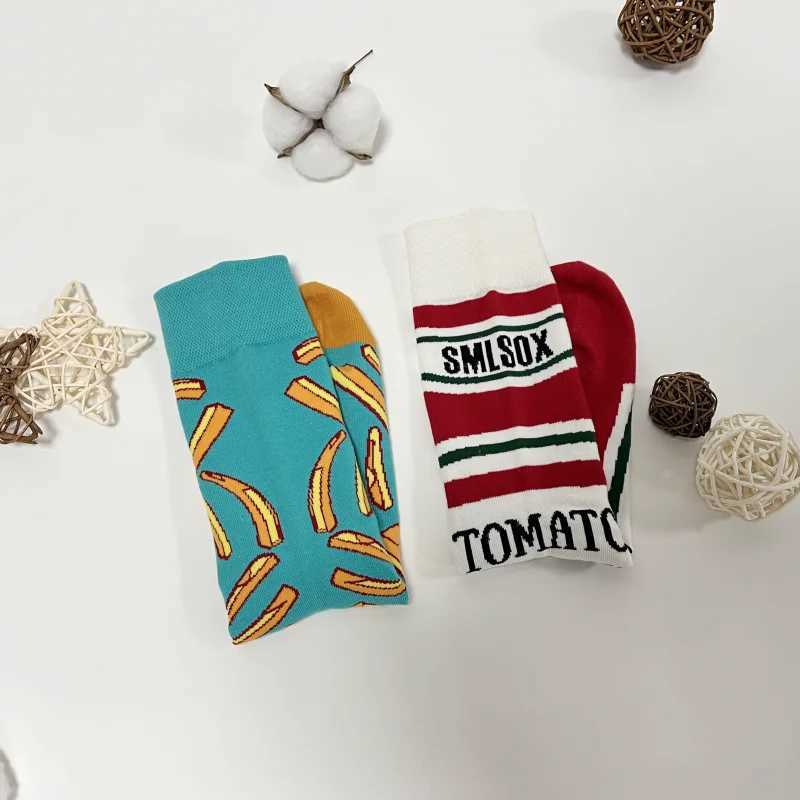 1 Pair Unisex Funny AB Style Tomato Ketchup French Fry Printed Mid-Calf Socks Suit In All SeasonsT250602