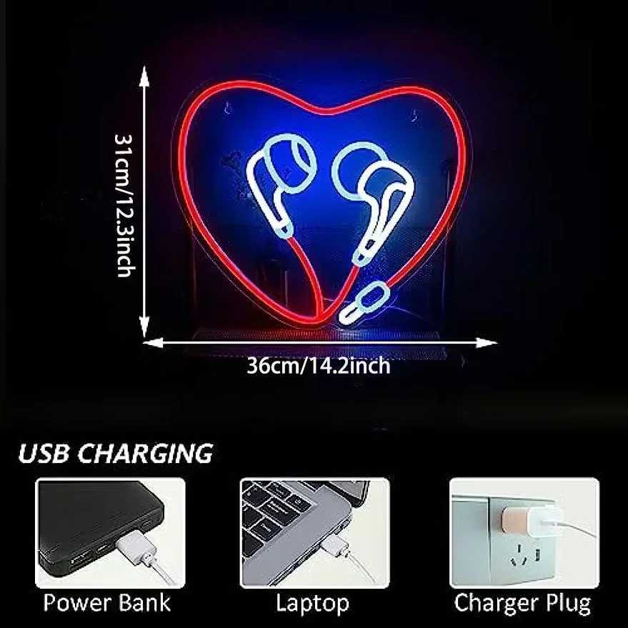 Heart Shaped Headphone Neon Sign LED Neon Light for Wall Decor USB Sign for Bedroom Home Christmas Party Decoration Teens Gift XJ250602