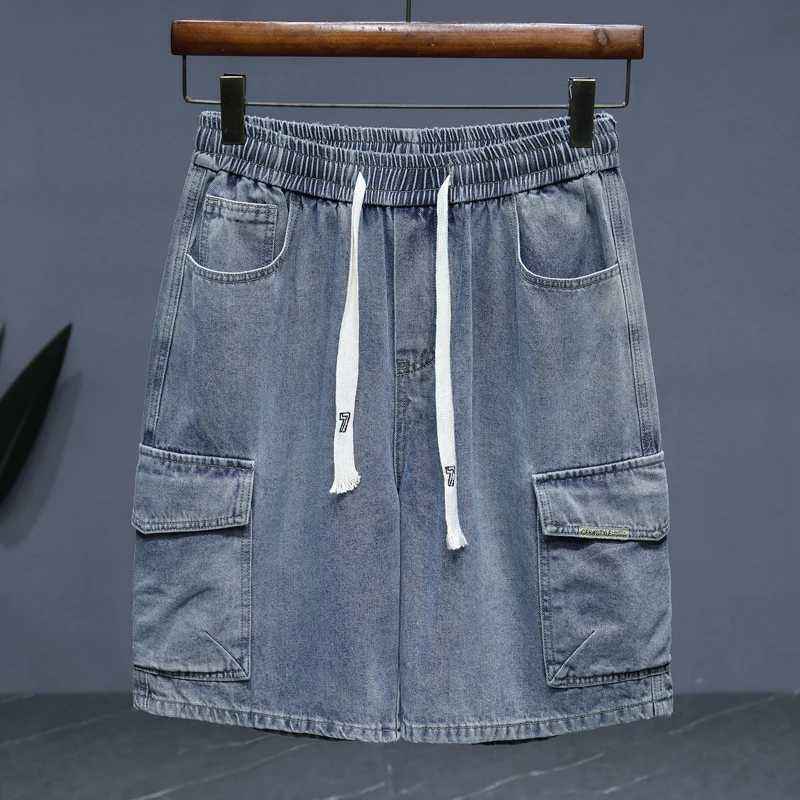 Size M-5XL Summer Denim Shorts Men Cotton Straight Elastic Waist Loose Casual Cargo Shorts Mens Fashion Short Jeans T250603