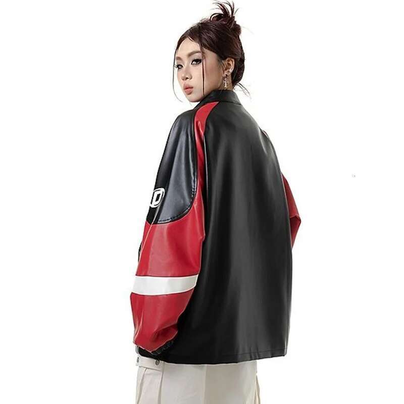 American Retro Splicing Racing Pu Leather Baseball Women Spring Autumn 2024 New Chinese Style Trendy Jacket Aesthetic
