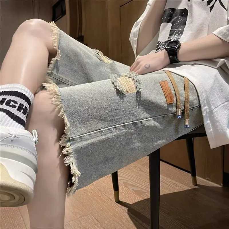 Ripped Denim Shorts Mens Breasted Five-point Design Sense High Street Beggar Medium Pants T250603