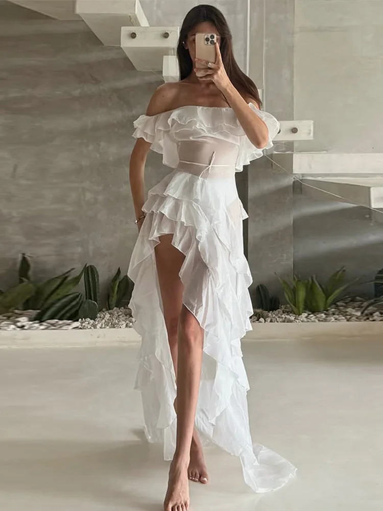 Off Shoulder Ruffles Irregular Dress Women Elegant Slim Solid Backless Lace Up Dresses Lady Summer Fashion Chic Beach Robes 250603