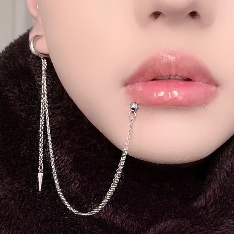 1PC Stainless Steel Lip Piercing with Chain Linked Earring Okazaki Shinichi Anime Styel Labret Earring Hoop 2 In 1 Body Piercing 250530