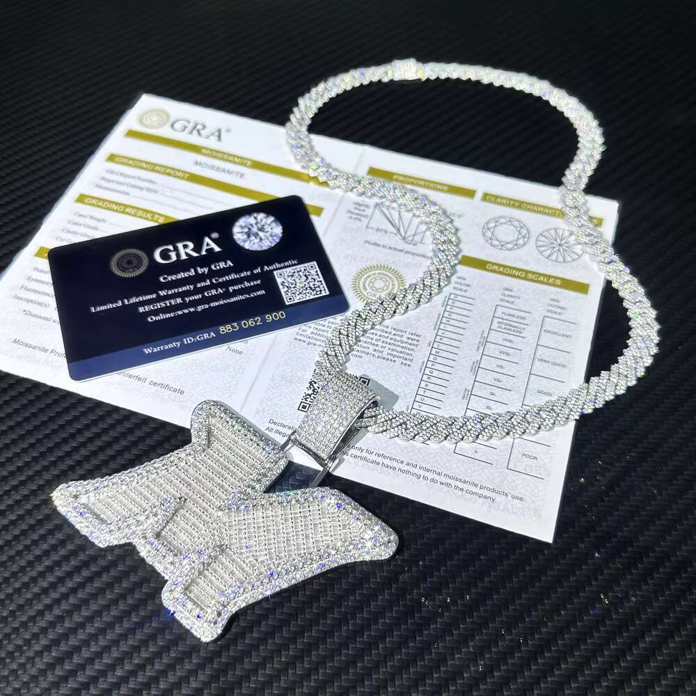 Custom 925 Solid Silver Baguette Moissanite Pendant with Iced Hip Hop Style Letter Design Cuban Link Chain Included Jewelry
