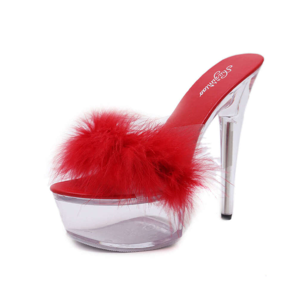 Super High Heels Sexy Fluffy Super 15Cm Stiletto Thick Sole Waterproof Platform Slippers Transparent Crystal Wedding Shoes Banquet High Heels Platform