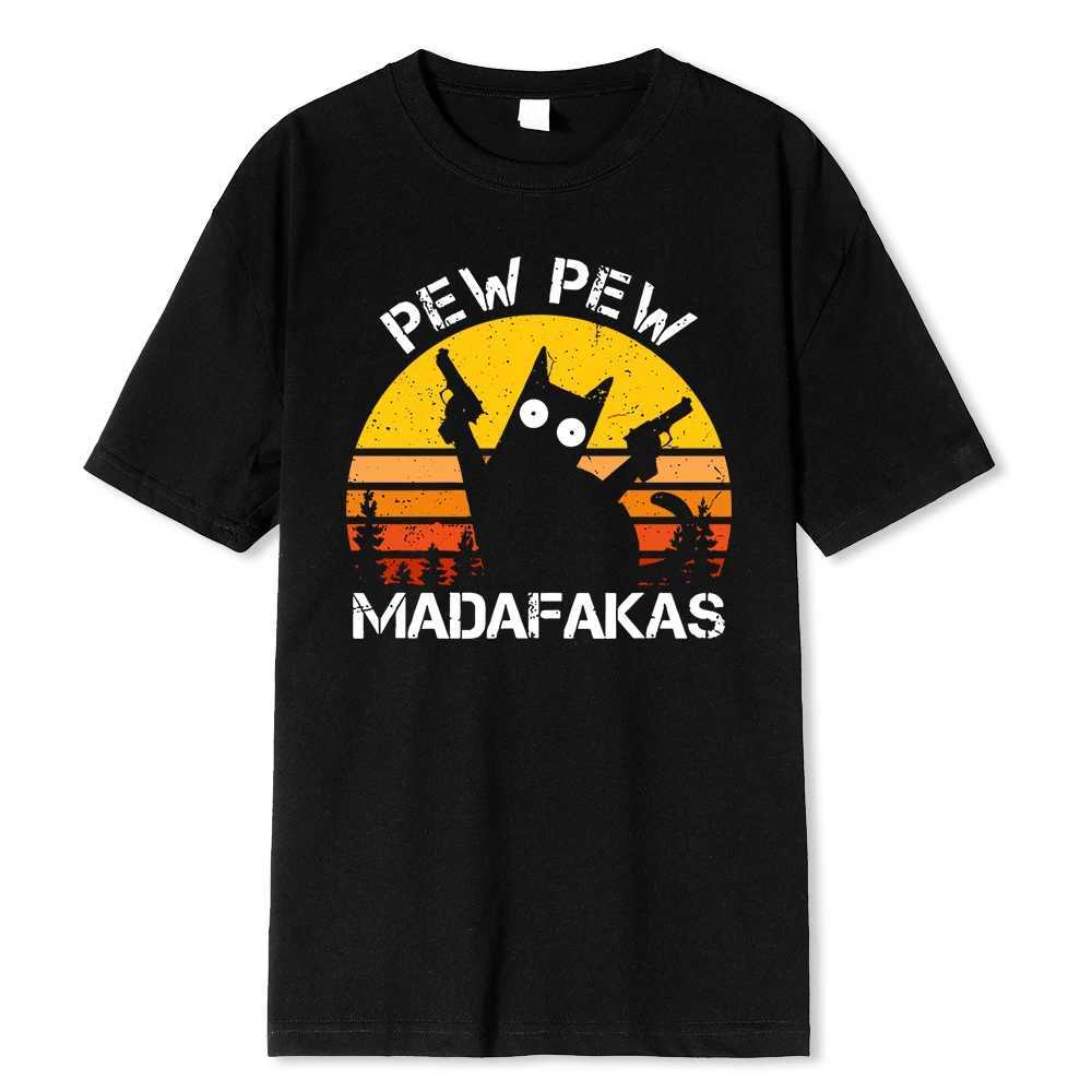 Pew Madafakas Cat With Two Guns Printing Men T Shirts Summer Cotton T-Shirts Breathable Loose Clothes Hip Hop Street TeesC250603