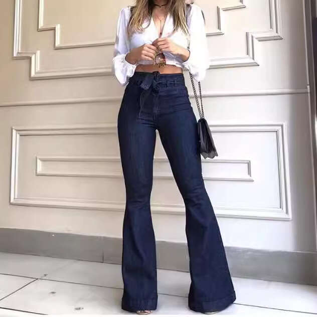 Hot Selling High Waist Hip Lift Lace-Up Flared Wide Leg Pants Jeans For Women B5