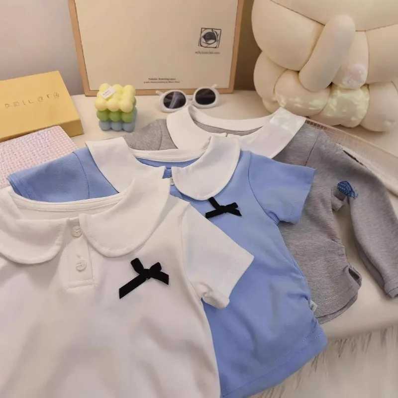1-10Y Childrens Shirt Pure Cotton Korean Doll Collar Short Sleeved Tops 2025 Spring Summer New Item Baby Girl Bow Base T-shirt T250603