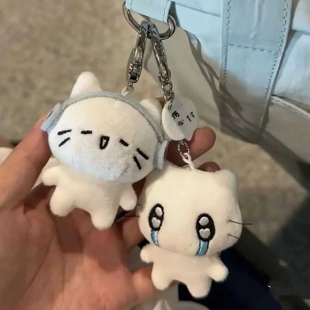 Cute Headphones Kitten Couple Keychain Mini Crying Cat Doll Plush Keyring Cartoon Bag Pendant Charms Backpack Decoration A19 XJ250602