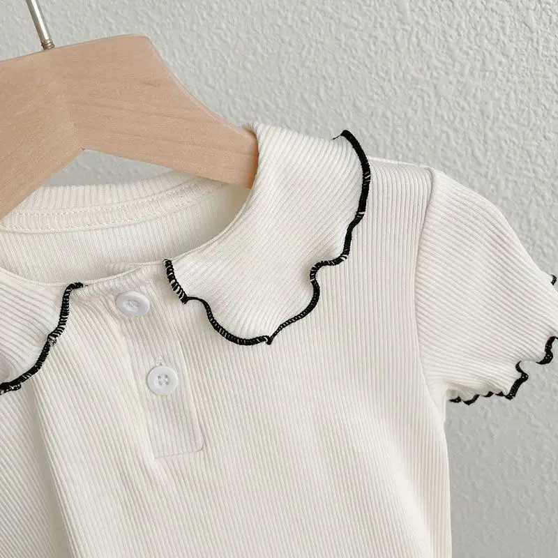 Korean Style Girls T-shirts Turn-down Collar Short Sleeve Kids Tee TopsT250603