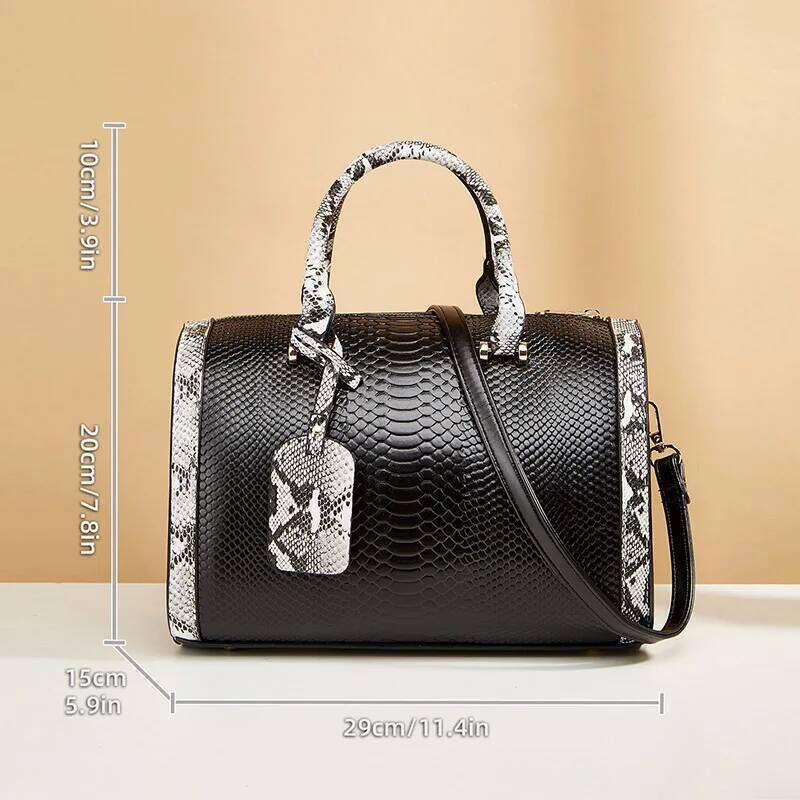 2024 New Women's Fashionable Snake Pattern Boston Handbag, Large-Capacity Multi-Compartment Double Handle, Detachable Strap, Can Be Worn on One S