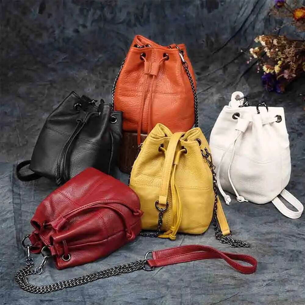 MS Cowhide Handbags Women Chains Shoulder Soft Natural Leather Bag Female Mini Bucket Yellow New In 2023