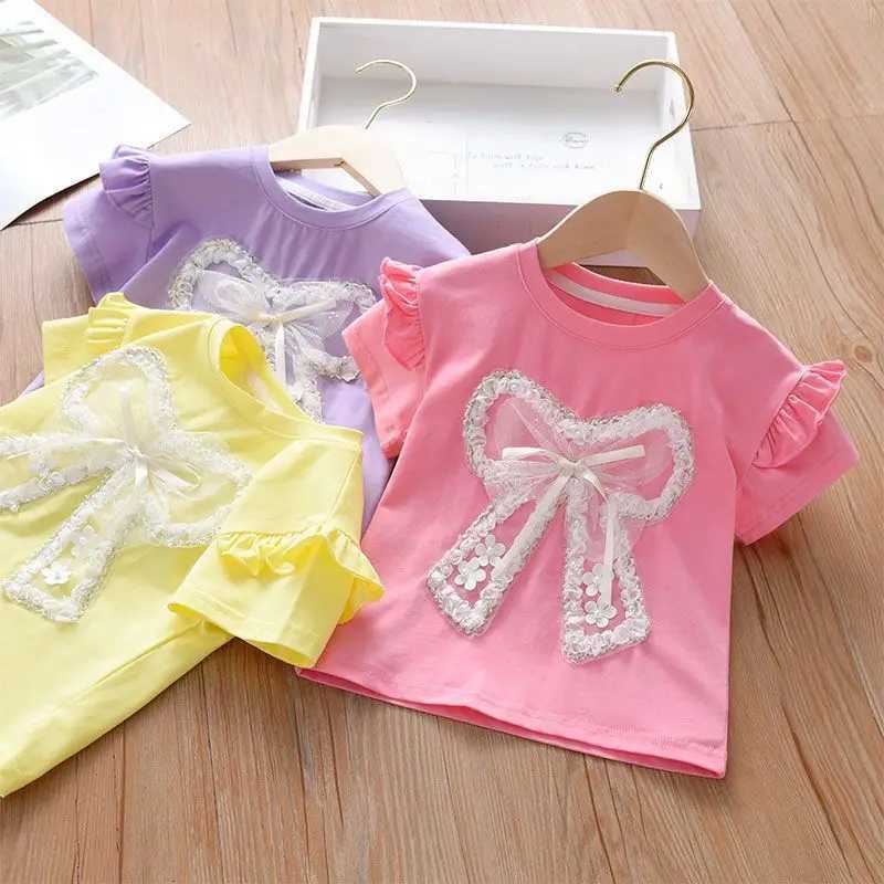 Childrens T-Shirts Lace Bow Lace Short Sleeve Top T Shirt for Kids Girl 2 To 7 Years Kids Clothes for Girls T-shirt T250603