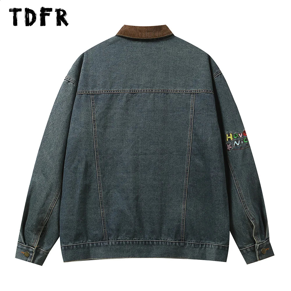 Retro Spliced Denim Jacket Mens Little Bear Embroidery Washed Distressed Streetwear Lapel Single Breasted Long Sleeve Outerwear 250529