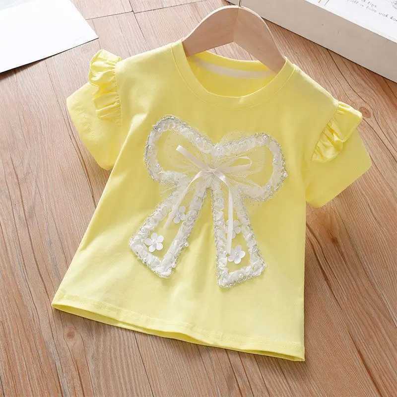 Childrens T-Shirts Lace Bow Lace Short Sleeve Top T Shirt for Kids Girl 2 To 7 Years Kids Clothes for Girls T-shirt T250603