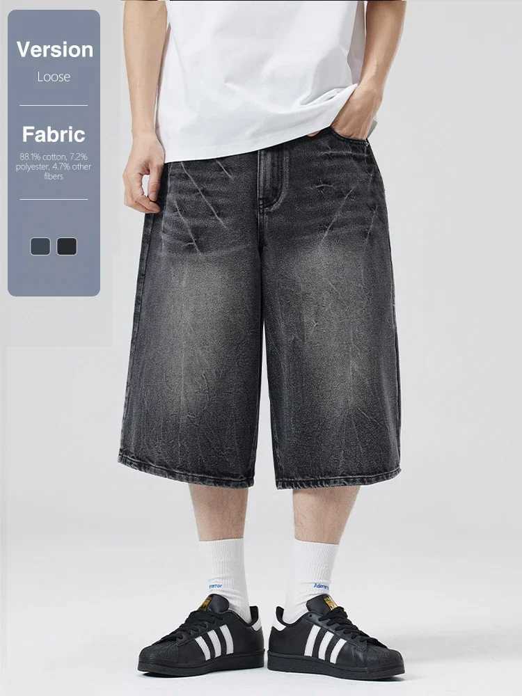 New Summer Oversized Wide Shorts Men Lightning Cracked Loose Y2k Jeans Washed Streetwear Trendy Baggy Calf-length Denim Pants T250603