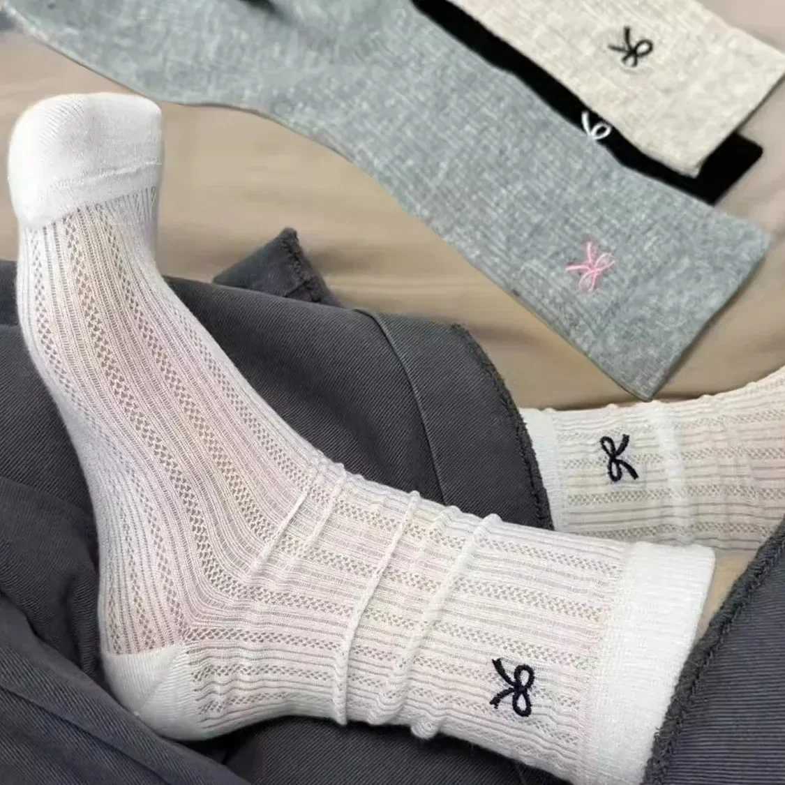 1-10Pairs Korean Style Breathable Socks Solid Color Bow Ankle Socks for Women Girls Spring Summer Kawaii Fashion Accessories T250602
