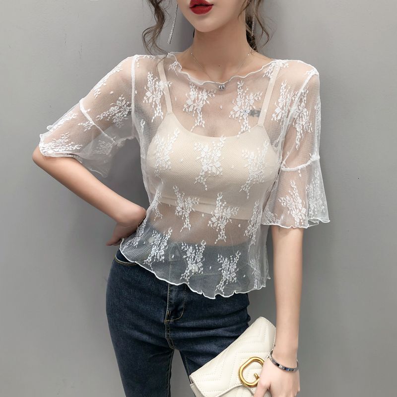 2025 new spring summer women's T-shirt new transparent sexy lace bottom shirt women's short sleeved T-shirt women's chiffon fabric fair