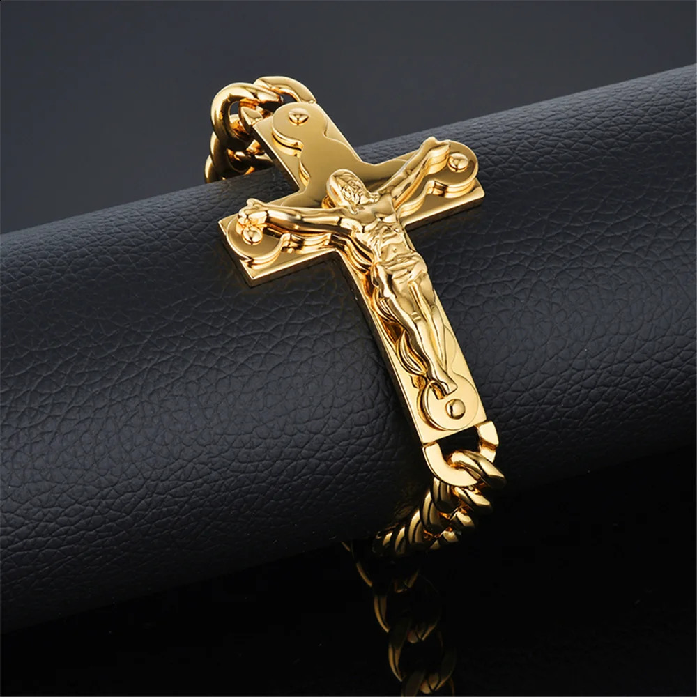 Punk Crucifix Jesus Cross Charm Bracelet Male Gold Color Stainless Steel Cuban Hand Chain For Men Fashion Party Jewelry Gift 250530