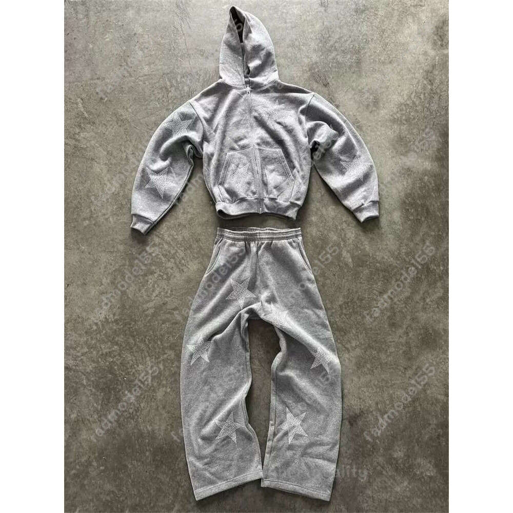 Y2k Star Heather Grey Zip Up Hoodies Jackets Mens Two Piece Set Tracksuit Men Sweatpants Harajuku Streetwear Loose Mens Clothes f6