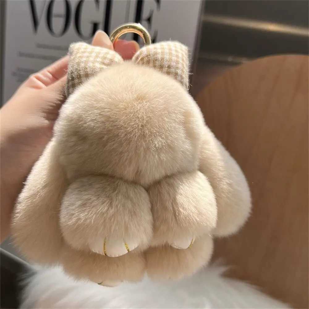 Hair Bow Rabbit Fur Keychain Pompoms Plush Dolls Bunny Keychain Bag Charm Cute Fluffy Plush Rabbit Key Ring Couple Pendant XJ250602