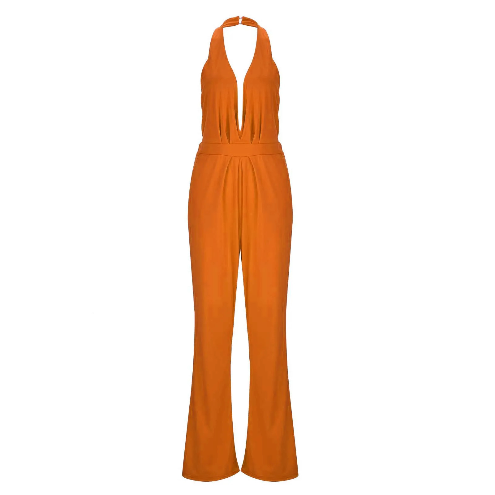Sexy V Neck Women Jumpsuit Solid Color Party Halterneck Rompers With Pocket Summer Sleeveless Wide Leg Long Jumpsuits Streetwear 250603