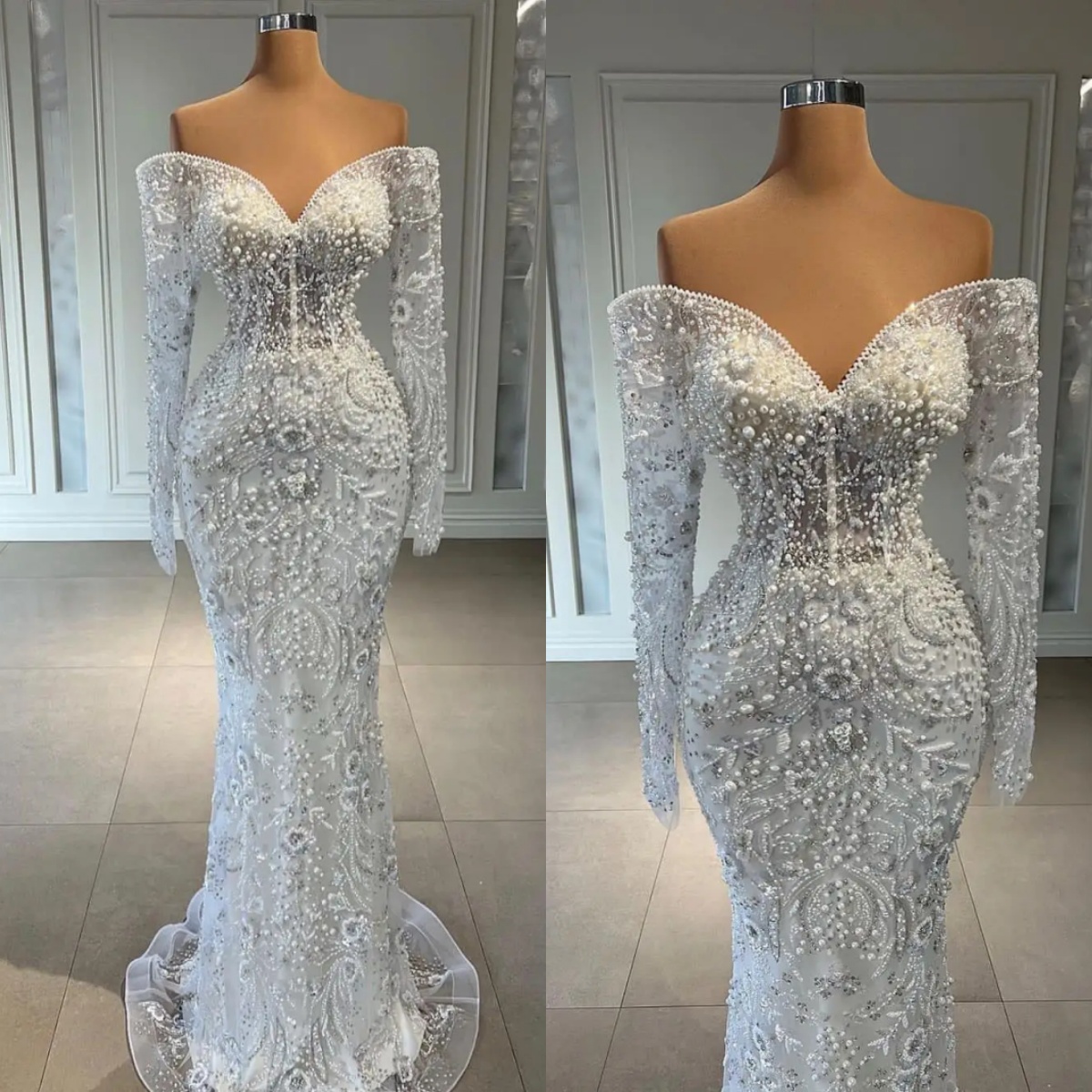 Exquisite Beaded Mermaid Wedding Dress Off Shoulder Long Sleeve Bride Gowns Sheath Sweep Train Bridal Dresses Customized