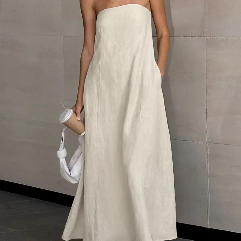 French Khaki Cotton Linen Strapless Holiday High Waisted Dress with Exposed Back Summer Long Dress for Women 250529