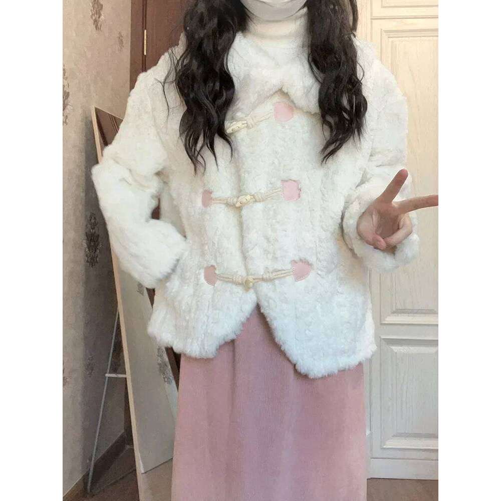 Sweet Pink Patchwork Faux Fur Jacket Loose Horn Button Thicken Coat Women's Winter Coats Plush Warm Outerwear Female Clothes