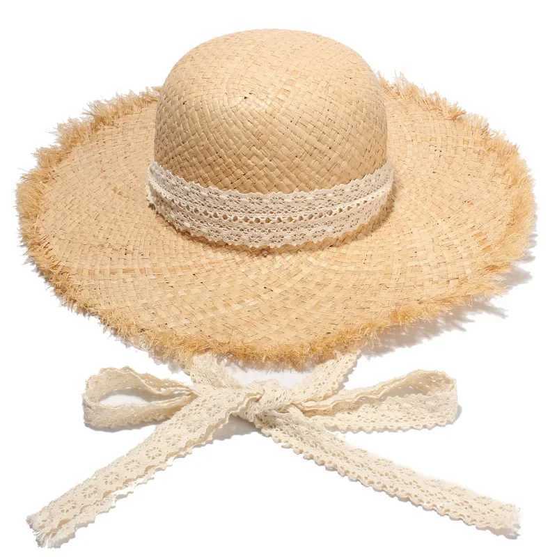 Sweet lace Straps Summer Straw Hat Handwoven Lafite Sun Hat Retro Travel Sunscreen Beach Vacation Hat for Adults Holidays W250602