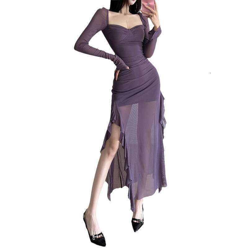 Autumn Winter New Women's Mesh Ruffle Niche Design Long Sleeve Square Neck Dress B5