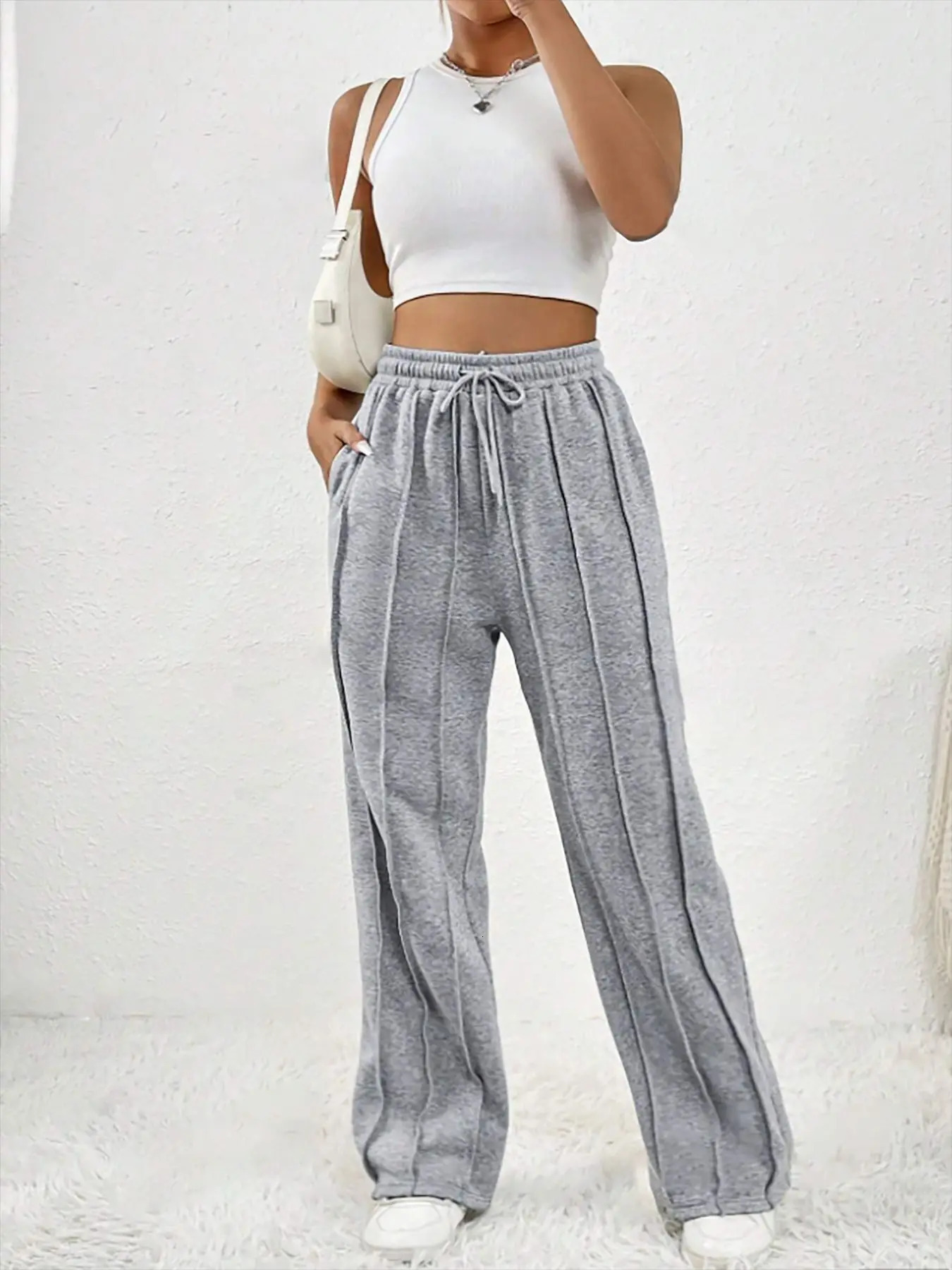 European and American womens casual fashion sweatpants with drawstring vertical stripes straight leg sports pants for women 250603