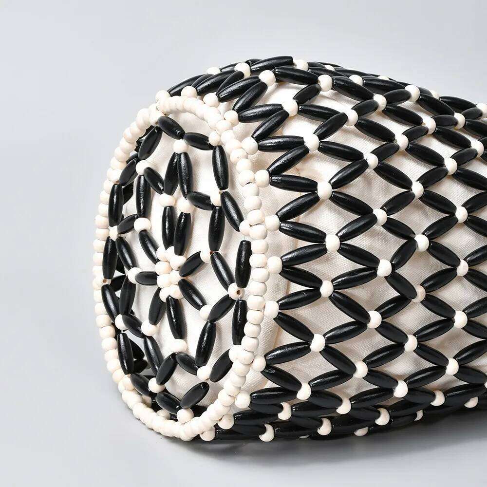 Women Woven Hand Exquisite Design Hollow-out Wooden Bead Tote Bucket Shoulder Bag Female Summer Beach Handbag