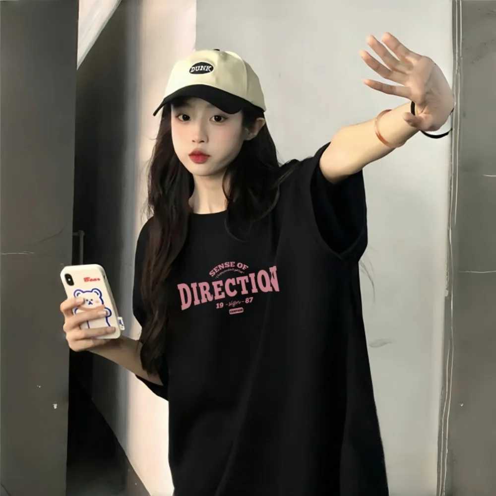 Black Cotton Short-Sleeved T-Shirt for Girls in Summer 2025 New Loose Half-Sleeved Top T250603