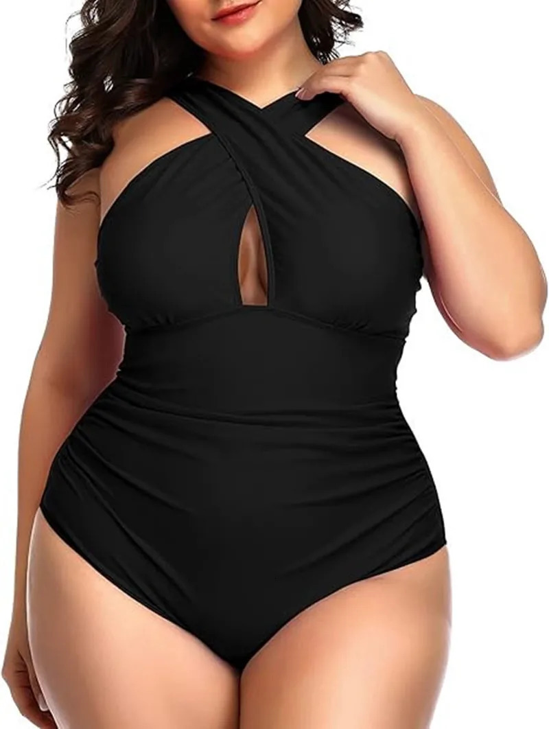 2024 Summer Women Plus Size Swimsuits Front Cross Tummy Control Black Sexy Swimwear Backless Bathing Suit 250528Z