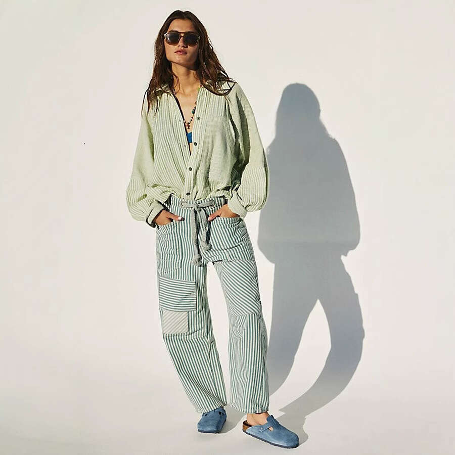 Mid-Waist Fashion Commuter Casual Loose Wide-Leg Striped Patchwork Drawstring Pocket Pants B5